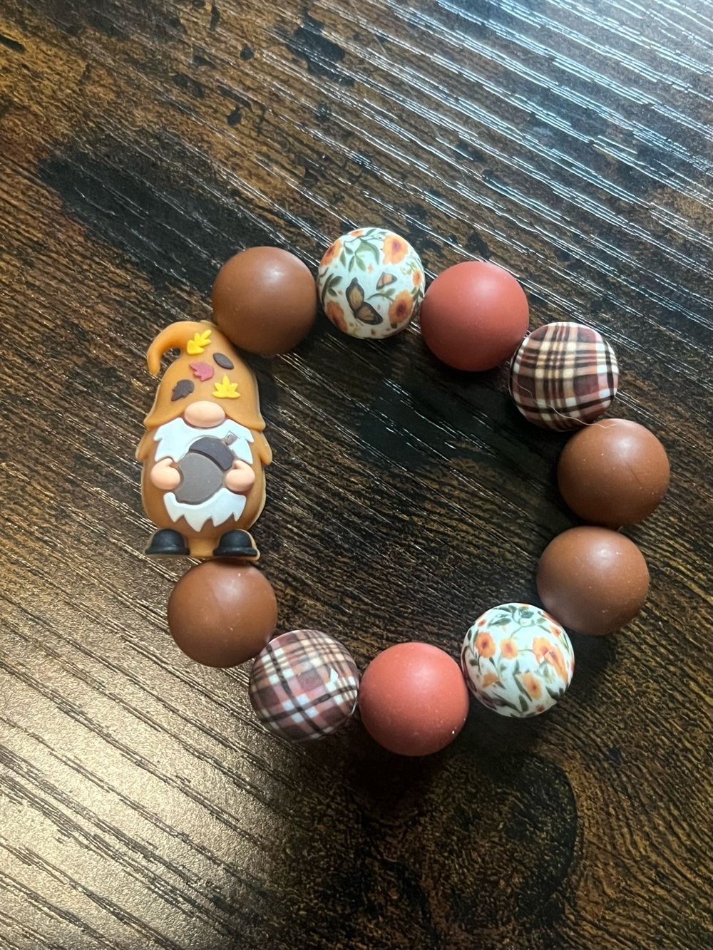 Autumn Gnome Beaded Stretch Bracelet - Brown, Rust, Floral, Plaid B243